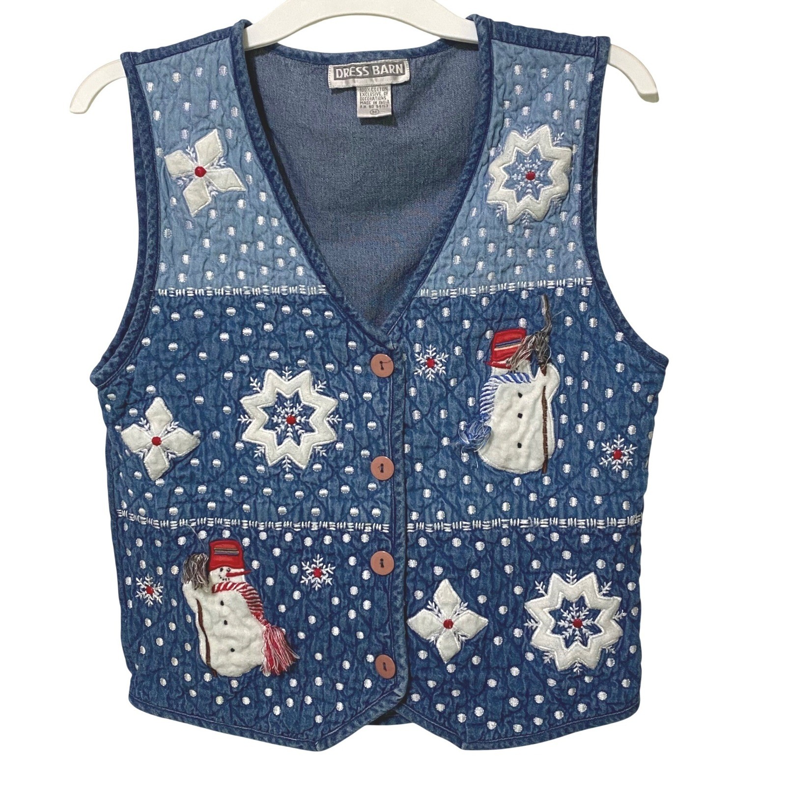 Vtg 90s Denim Christmas Vest M Tie Back Snowman Snowflake Kitschy Y2K Farmcore