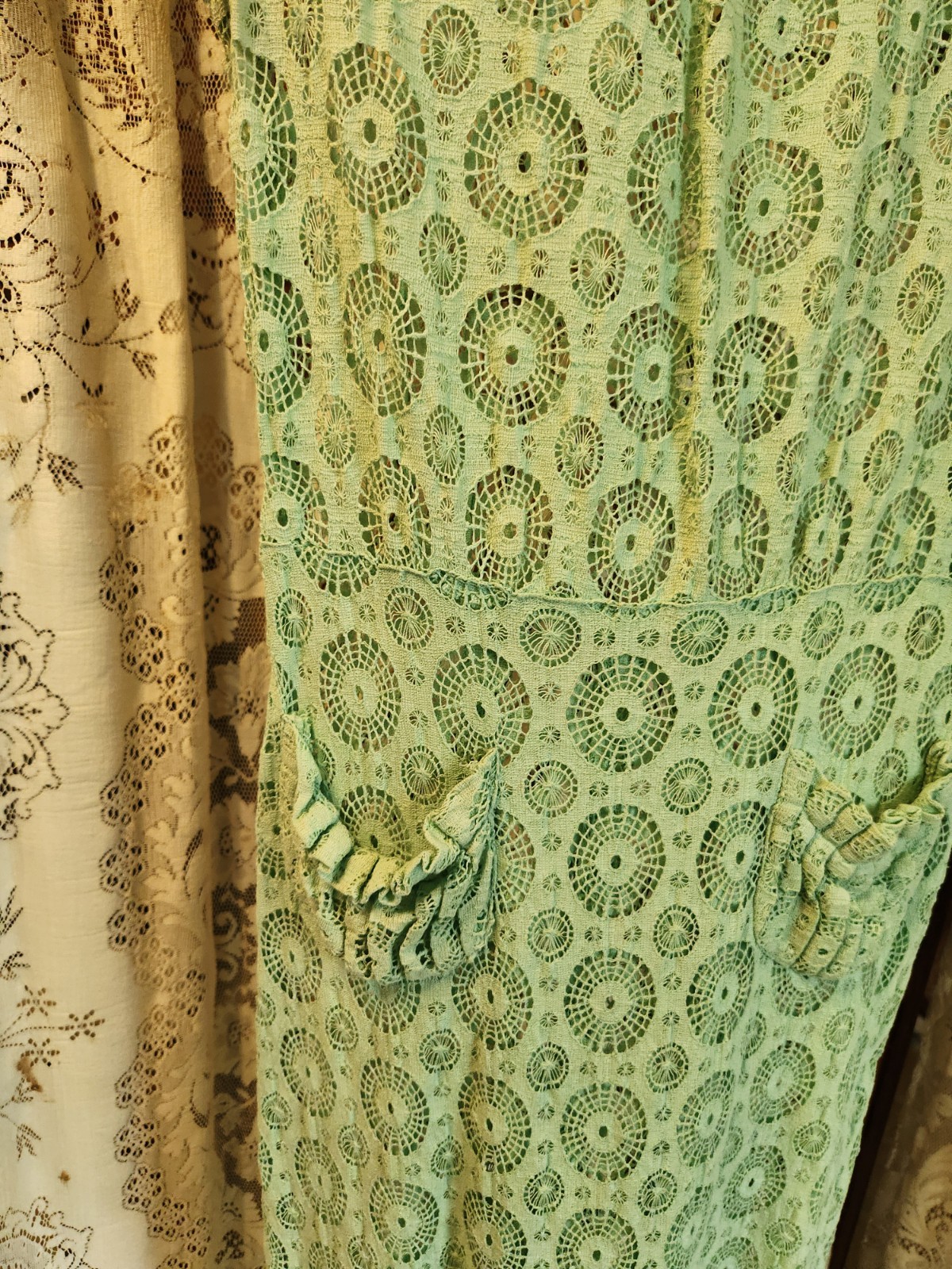 1930s Aqua Cotton Crochet Lace Dress with Cap Sleeves and Pockets XS