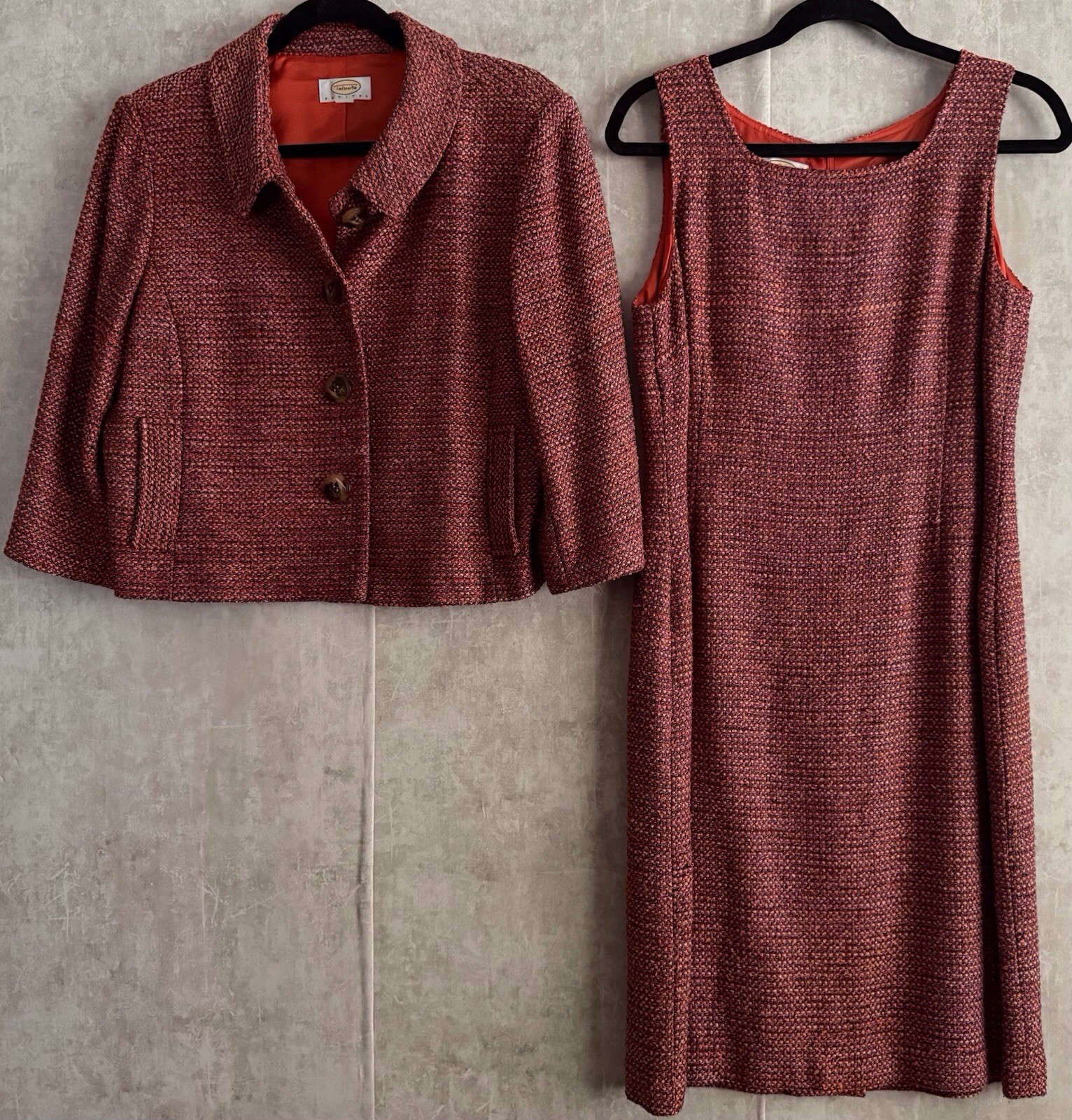 Talbots 2pc Silk Blend Multi Rasberry/Wine Tweed Sheath Dress Jacket Set Sz12P