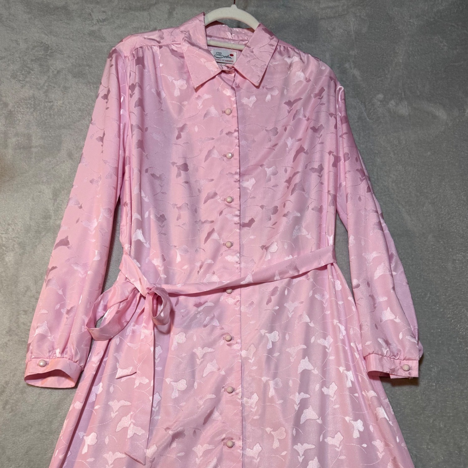 Vintage Serbin Designed by Marianne Pink Jacquard Floral Shirt Dress Belted 10