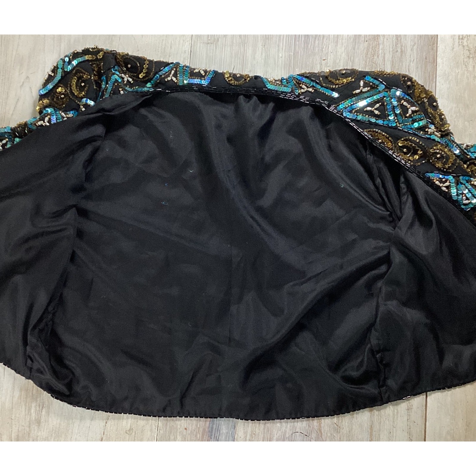 Scala Vintage Beaded Silk Bolero Jacket Gold Turquoise Sequin Starburst Medium