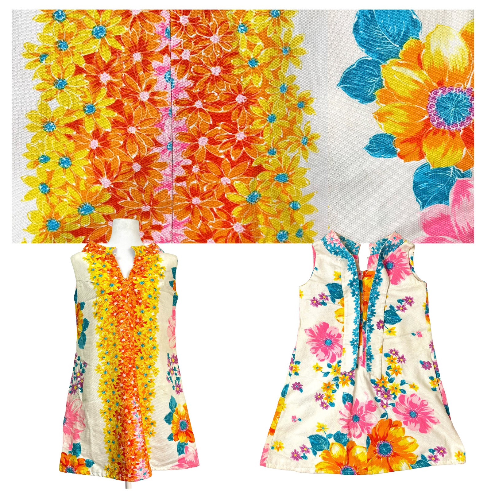 Vintage 60&rsquo;s Floral Mini Dress Bow Back Mod A Line Textured Cotton Resort Wear