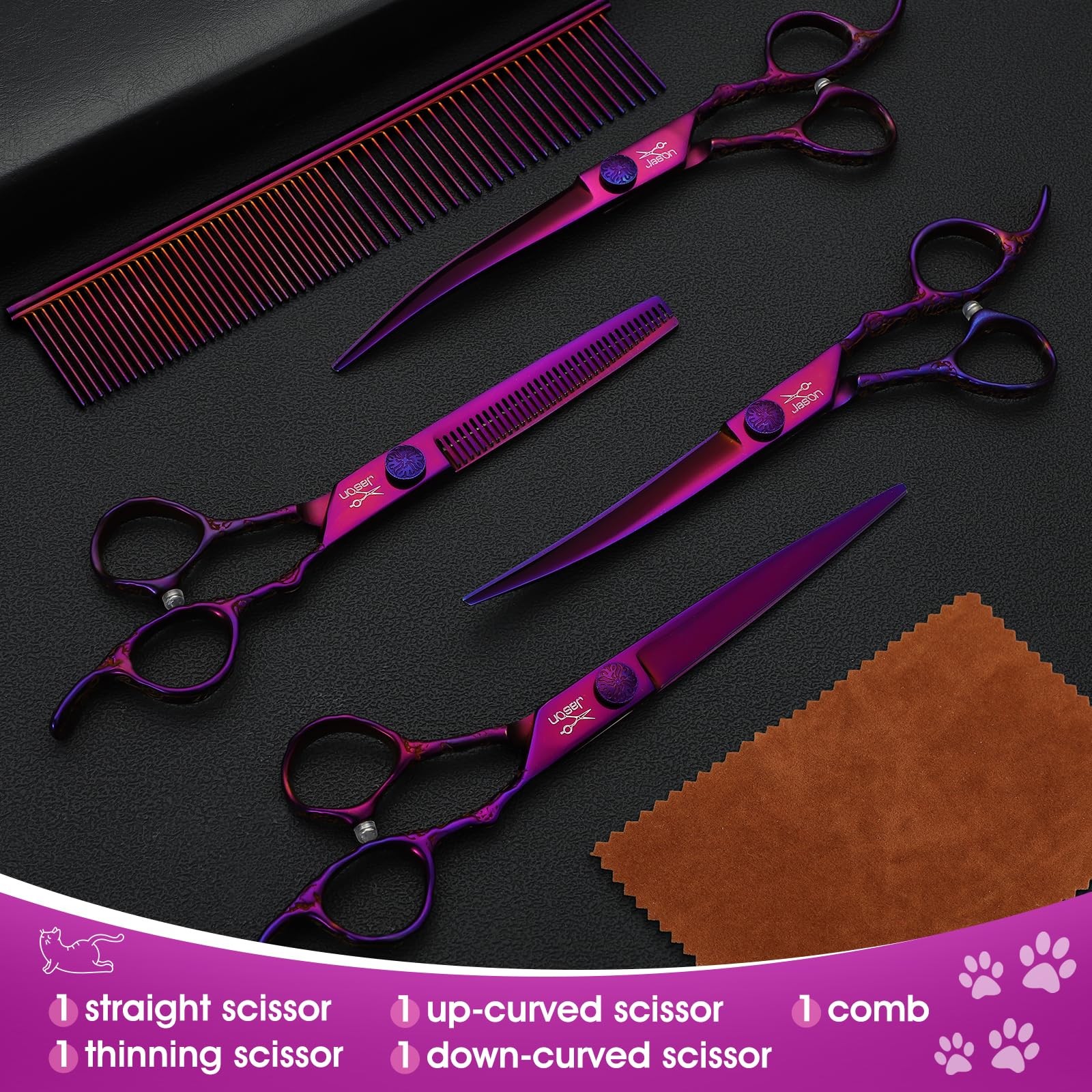 JASON Dog Grooming Scissors Set – Pro 6 in 1 Dog Shears Kit – 6.5&Prime; Thinning