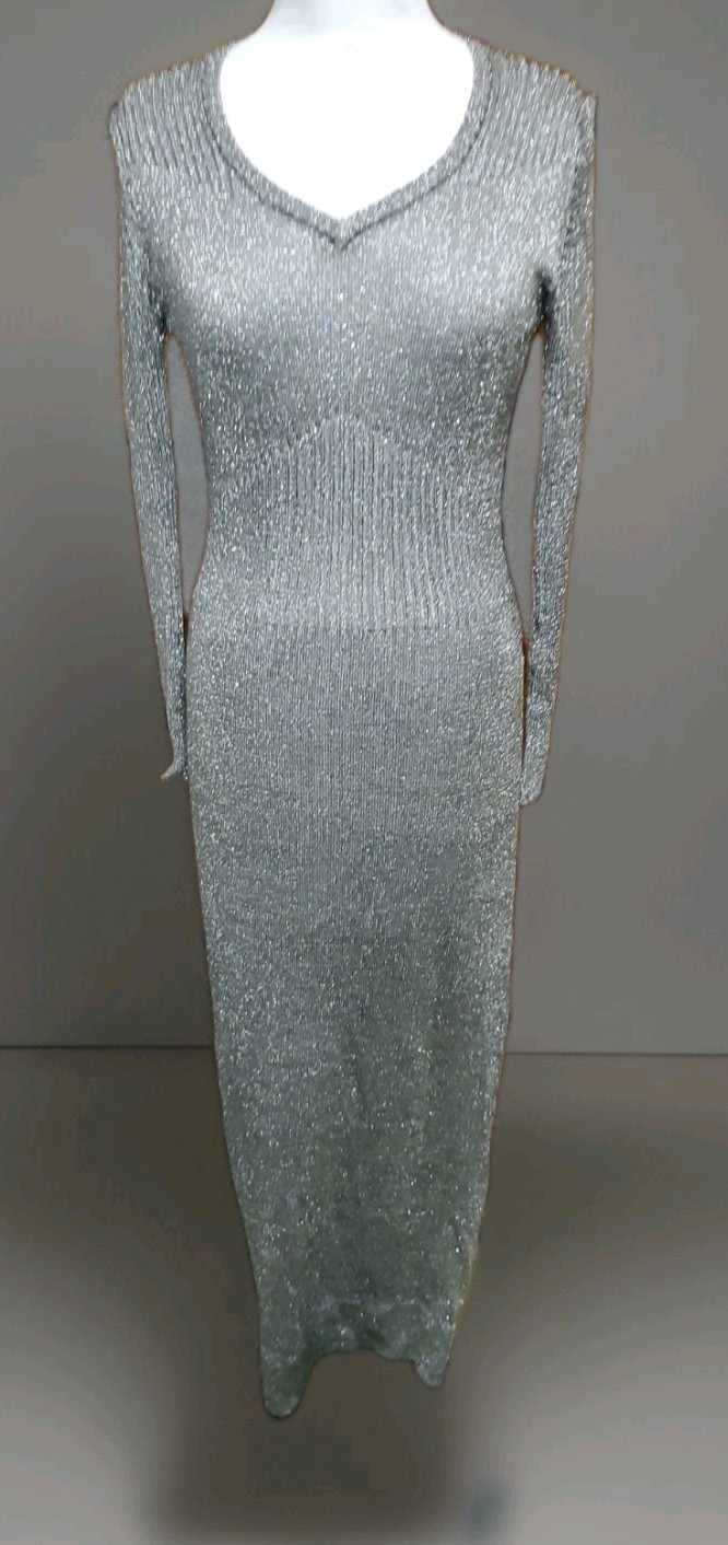 Vint 70&rsquo;s Studio 54 SILVERY METALLIC LUREX Knit V NECK Maxi Dress M HONG KONG