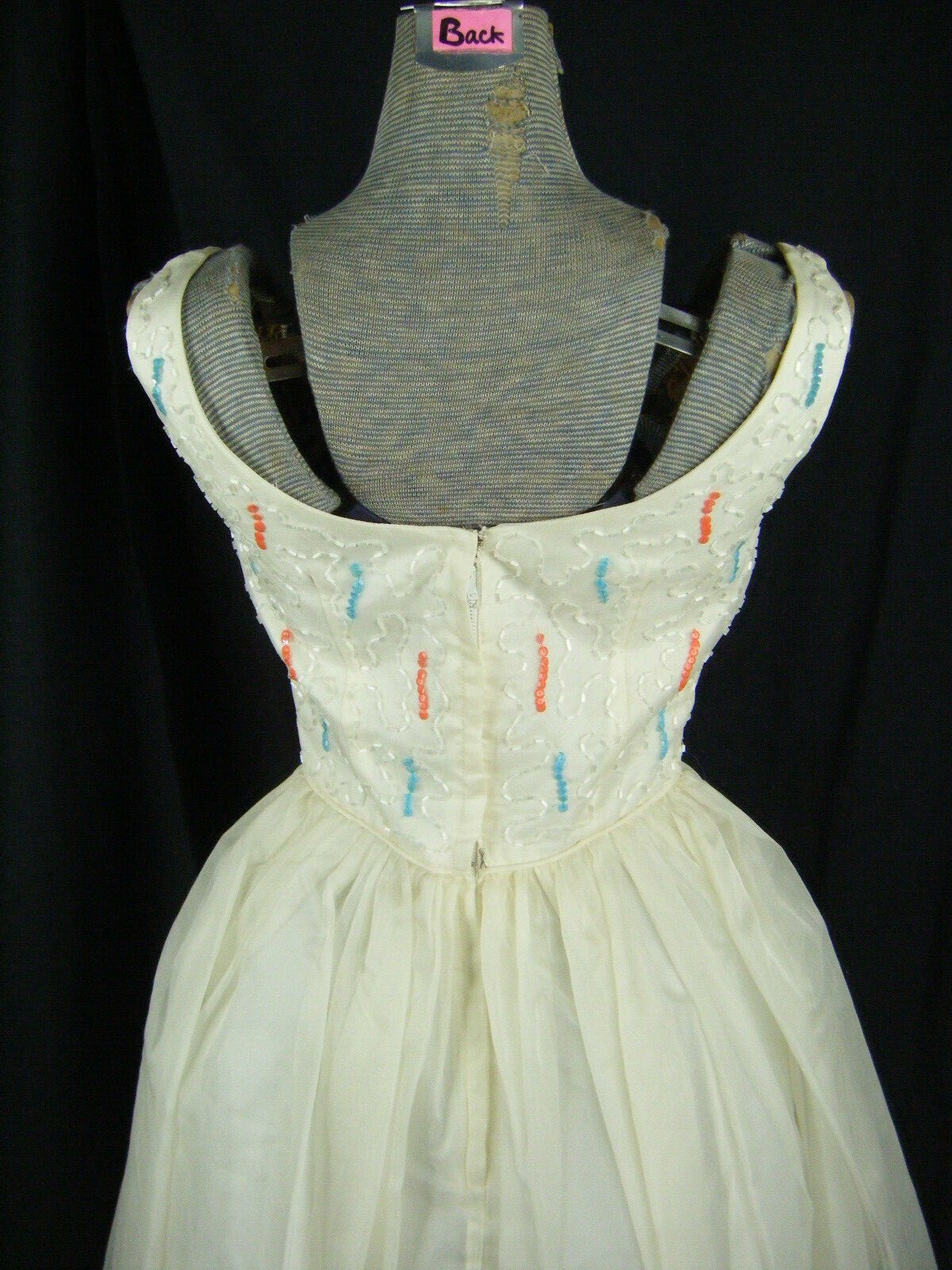 CAREER GIRL Vtg 50s Ivory Crepe/Coral Blue Sequin Beaded Party Dress-Bust 31/2XS
