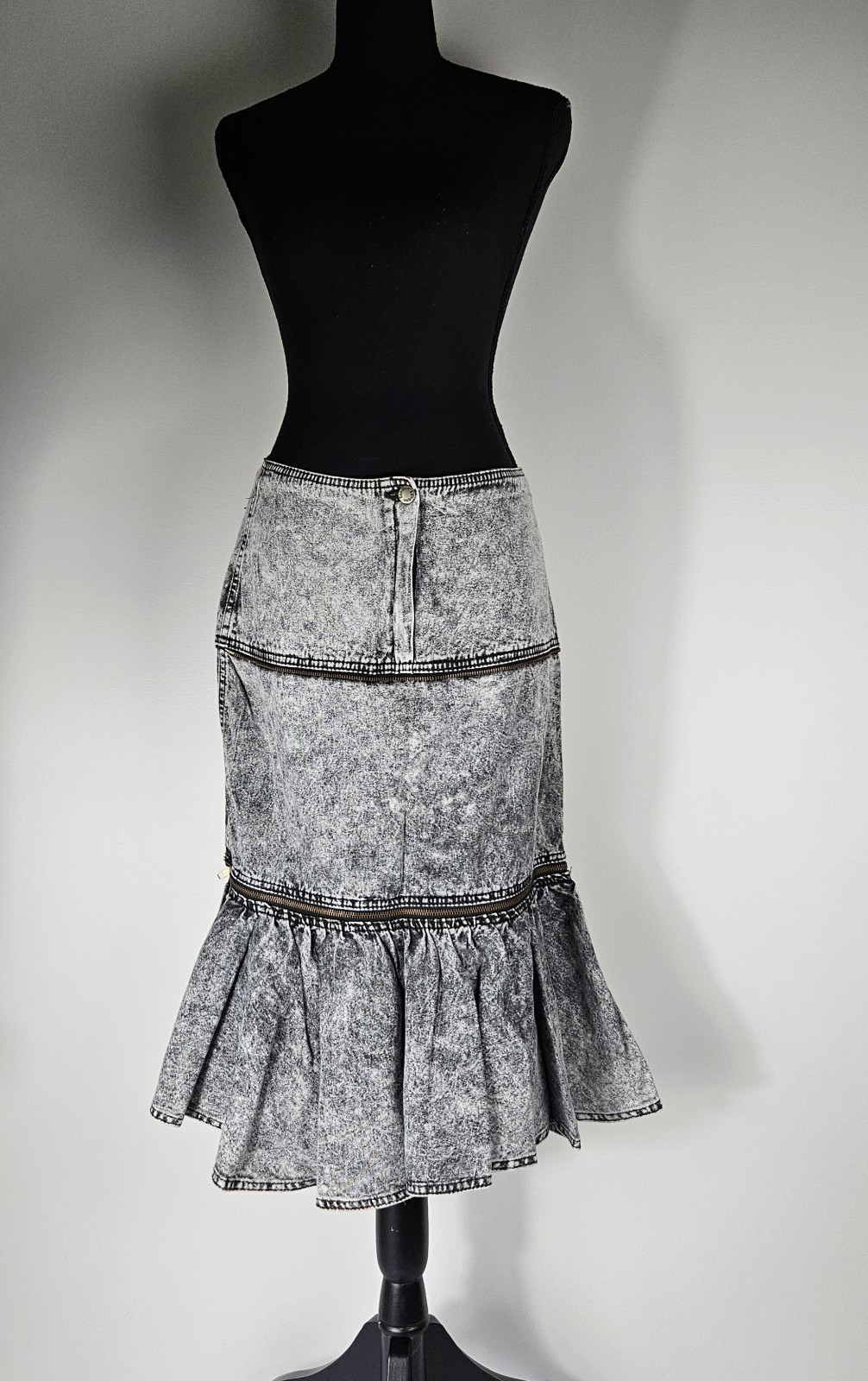 80s VTG BLACK ACID WASH DENIM 3 IN 1 CONV SKIRT ZIPOFF LONDON Sz 9/10 OR 11/12