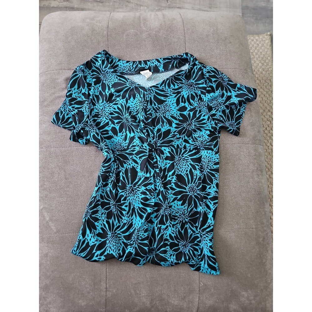 Salon Studio Y2K Retro Floral Twist Front Blouse Teal Black M