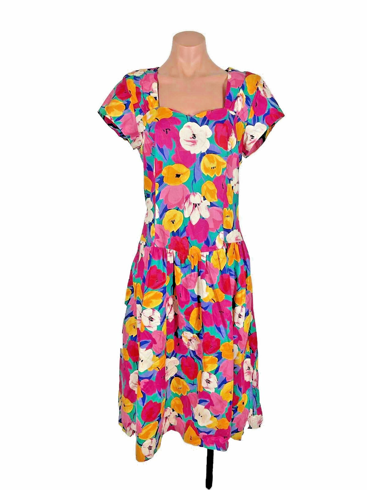 Vtg 80s John Richards Floral Sundress Bow Puffy Keyhole-Back Mod Retro sz 12