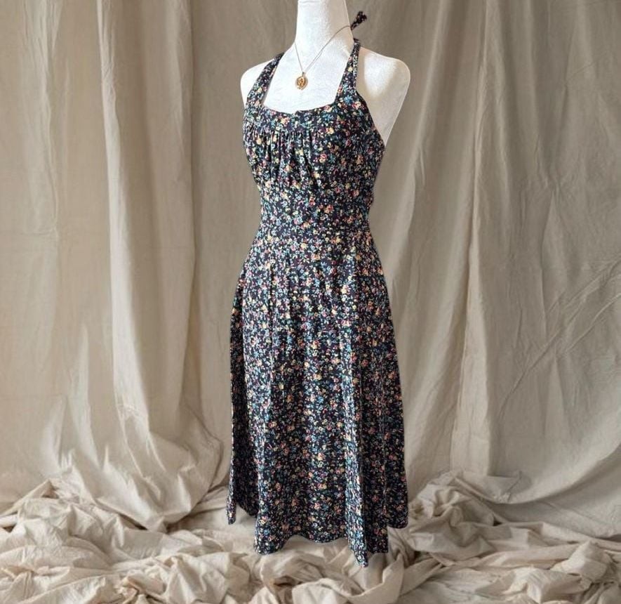 Vintage 70s Joseph Magnin Floral Halter Midi Dress