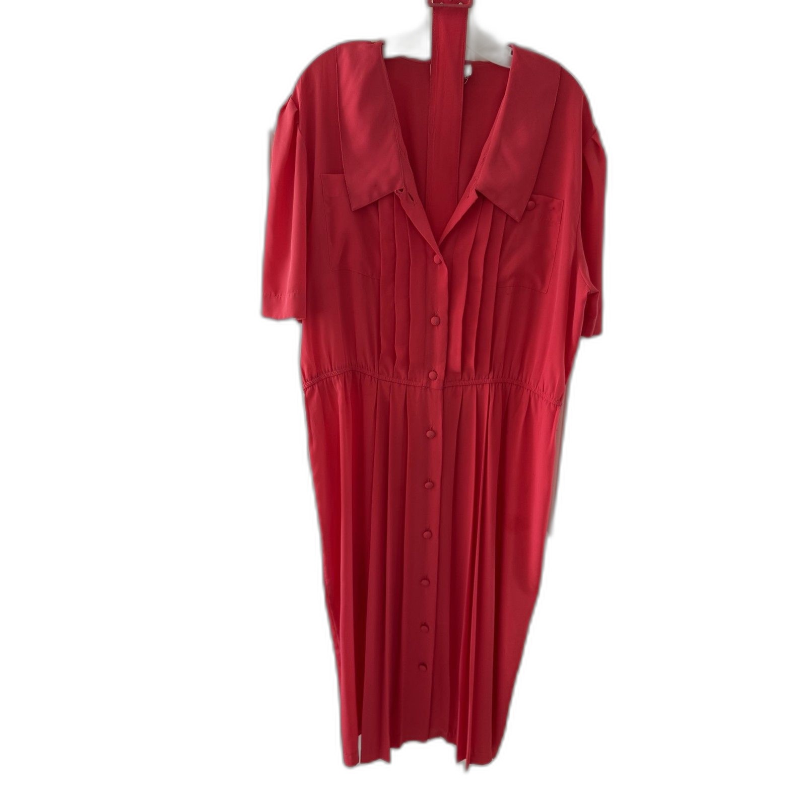 Cathy Che Red Button Front Pleated Dress w/ Belt Large Collar Size 16