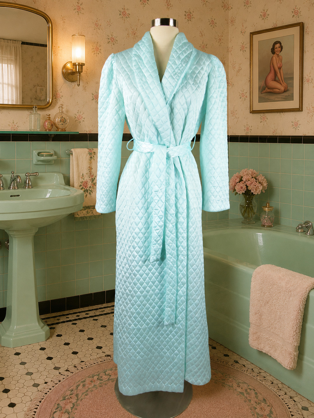 Vintage NEW NOS Val Mode Quilted Nylon Full Length Robe Aqua Hollywood S/P Petit