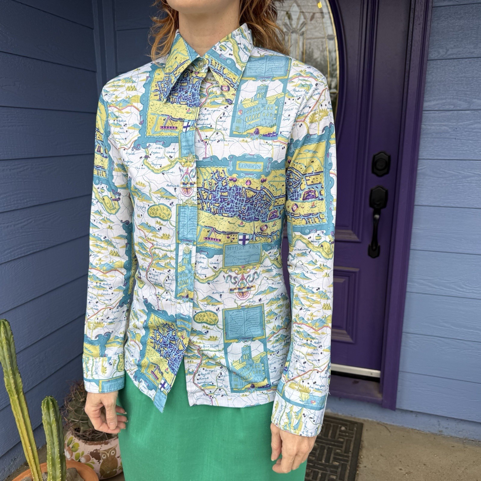 Vintage 70s Polyester Button Up Longsleeved Blouse Map Of London XS Small Blue