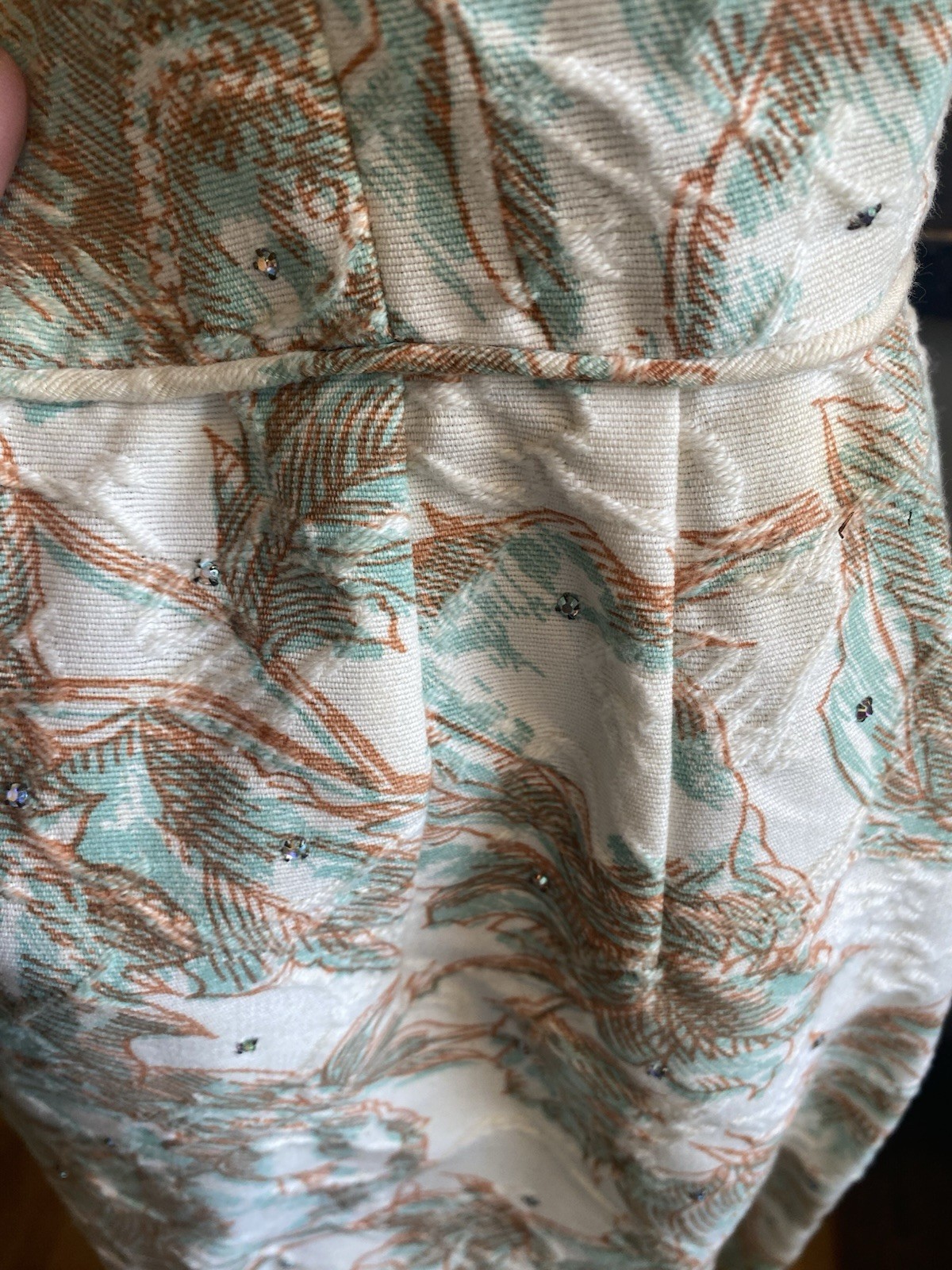 True VTG 1950s/60s Sequined All Over Floral Cocktail Dress Peach Ivory Aqua S/M