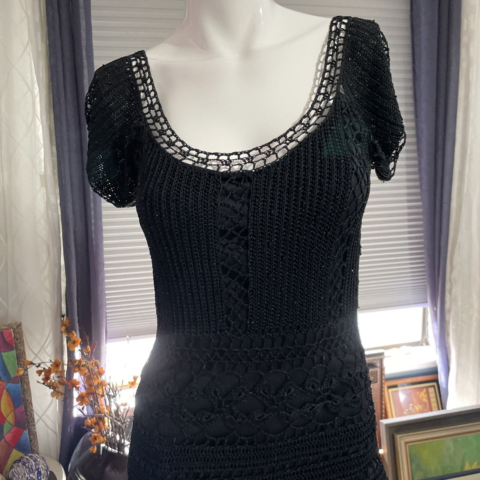 Gorgeous Vintage CACHÉ Black Beaded Crochet Knit Midi Dress XS/S/M