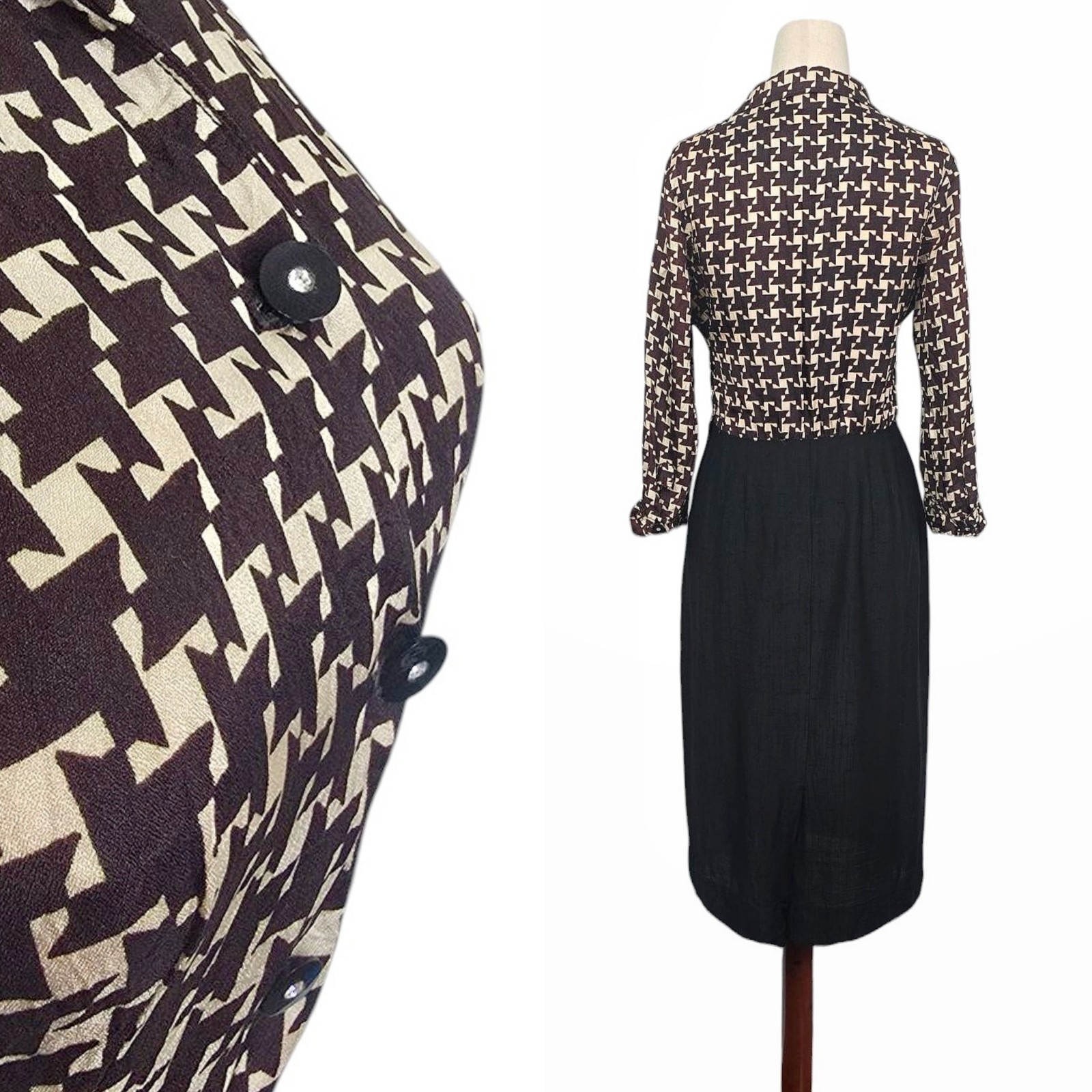 1950s Vintage Dress 50s Cocktail Wiggle Brown Cream Houndstooth Small Leslie Fay