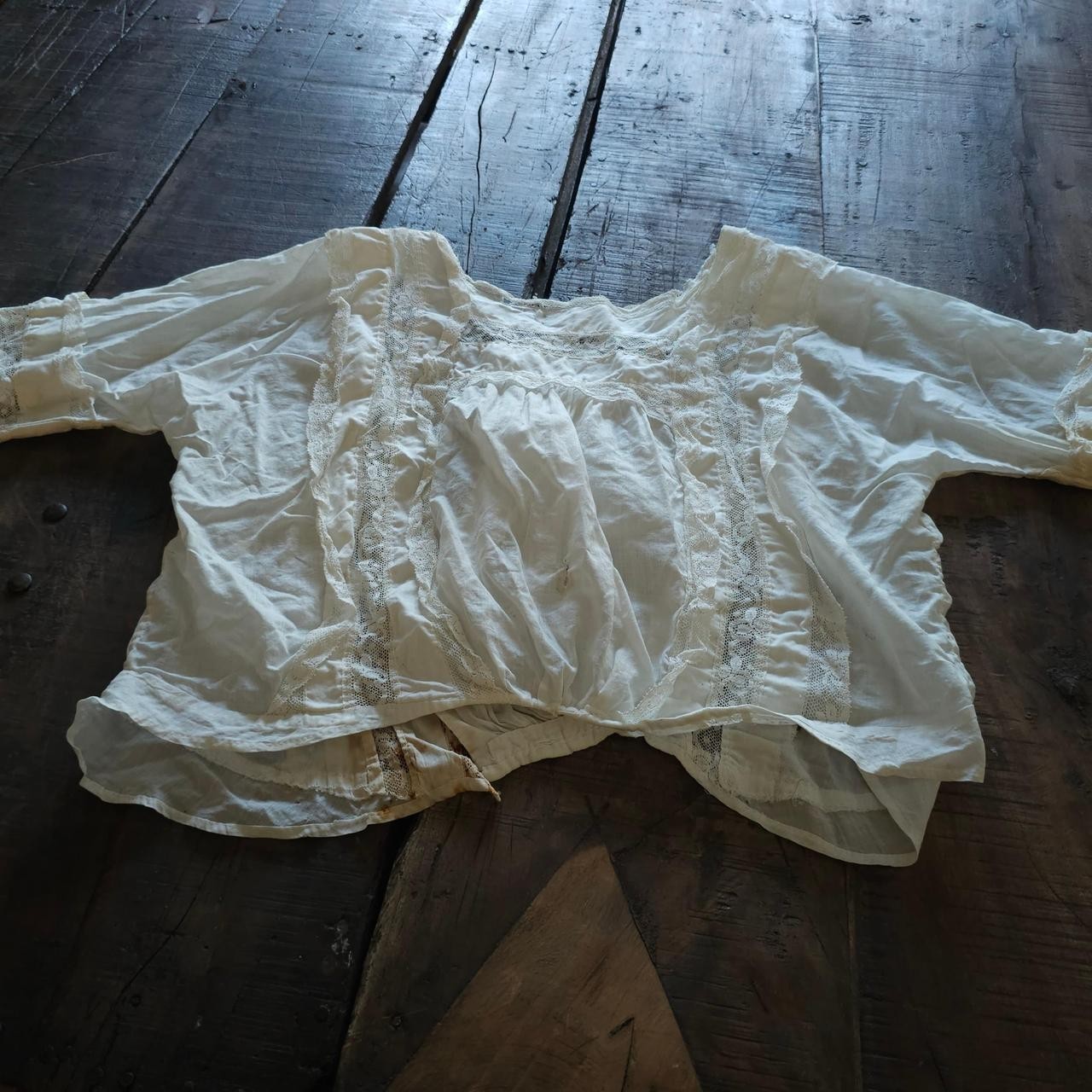 White Lace & Cotton Blouse w/ Floral Embroidery Antique 1910s Edwardian Shirt