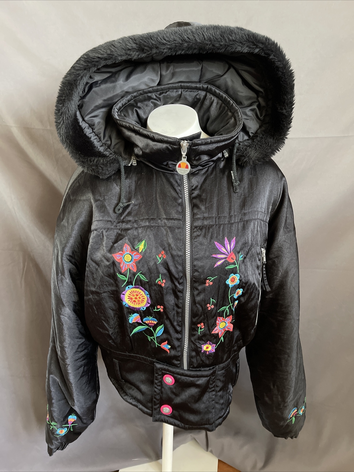 Womens vintage Ellesse ski coat Embroidered Flowers fur Hood Black Jacket Snow