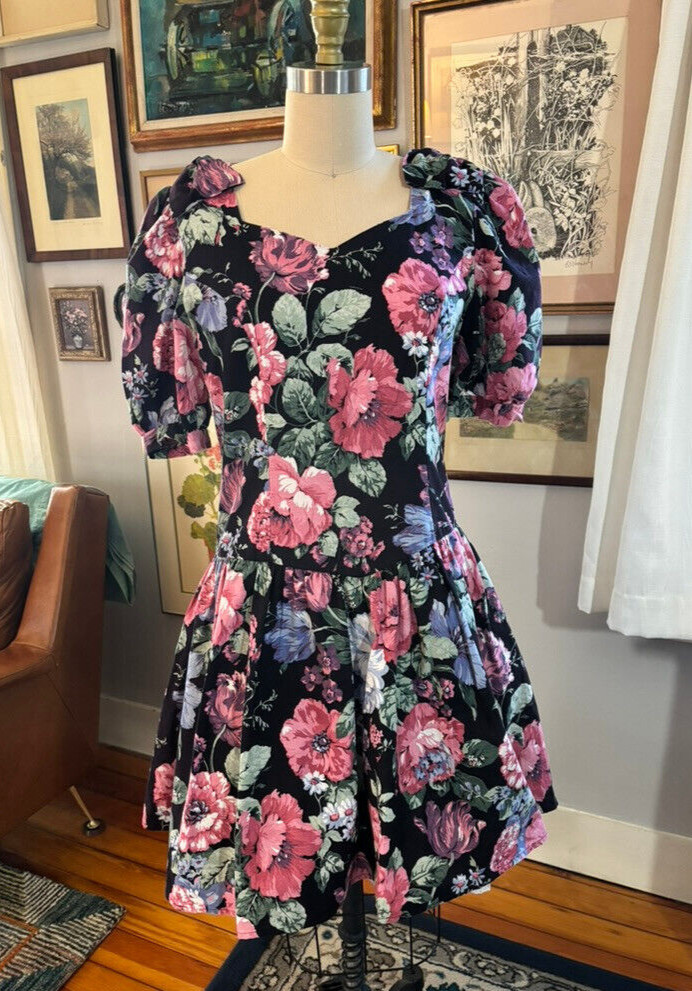 Vintage SMW Style My Way Floral Cottagecore Puff Bow Crinoline Dress Cotton 9/10