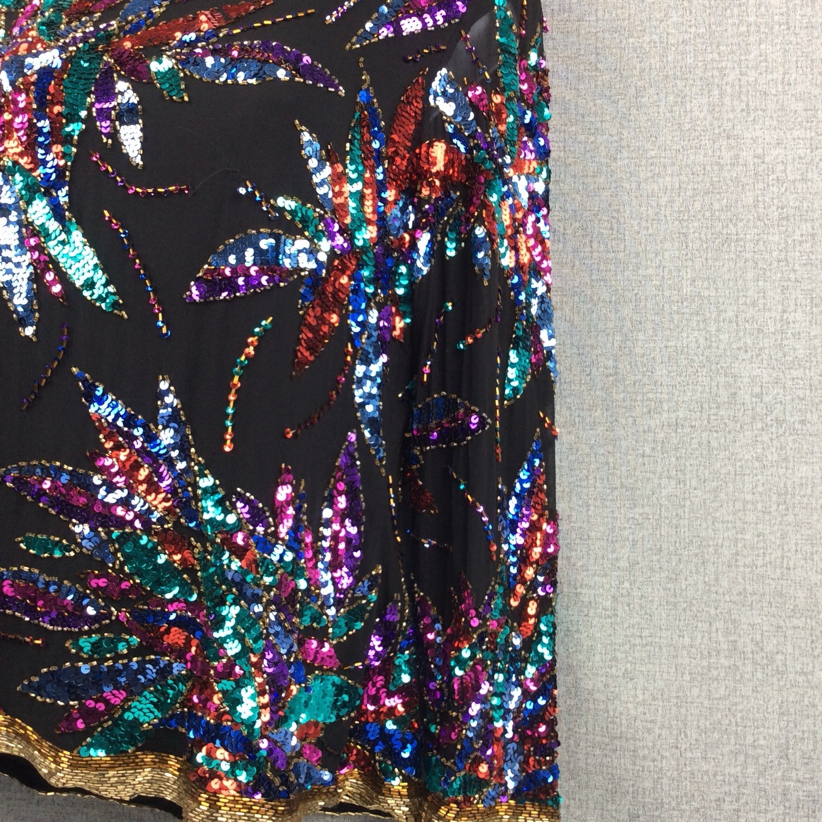 Oleg Cassini Black Tie Blouse Silk Colorful Sequin Beaded Top Vtg ?Sz S/M READ!