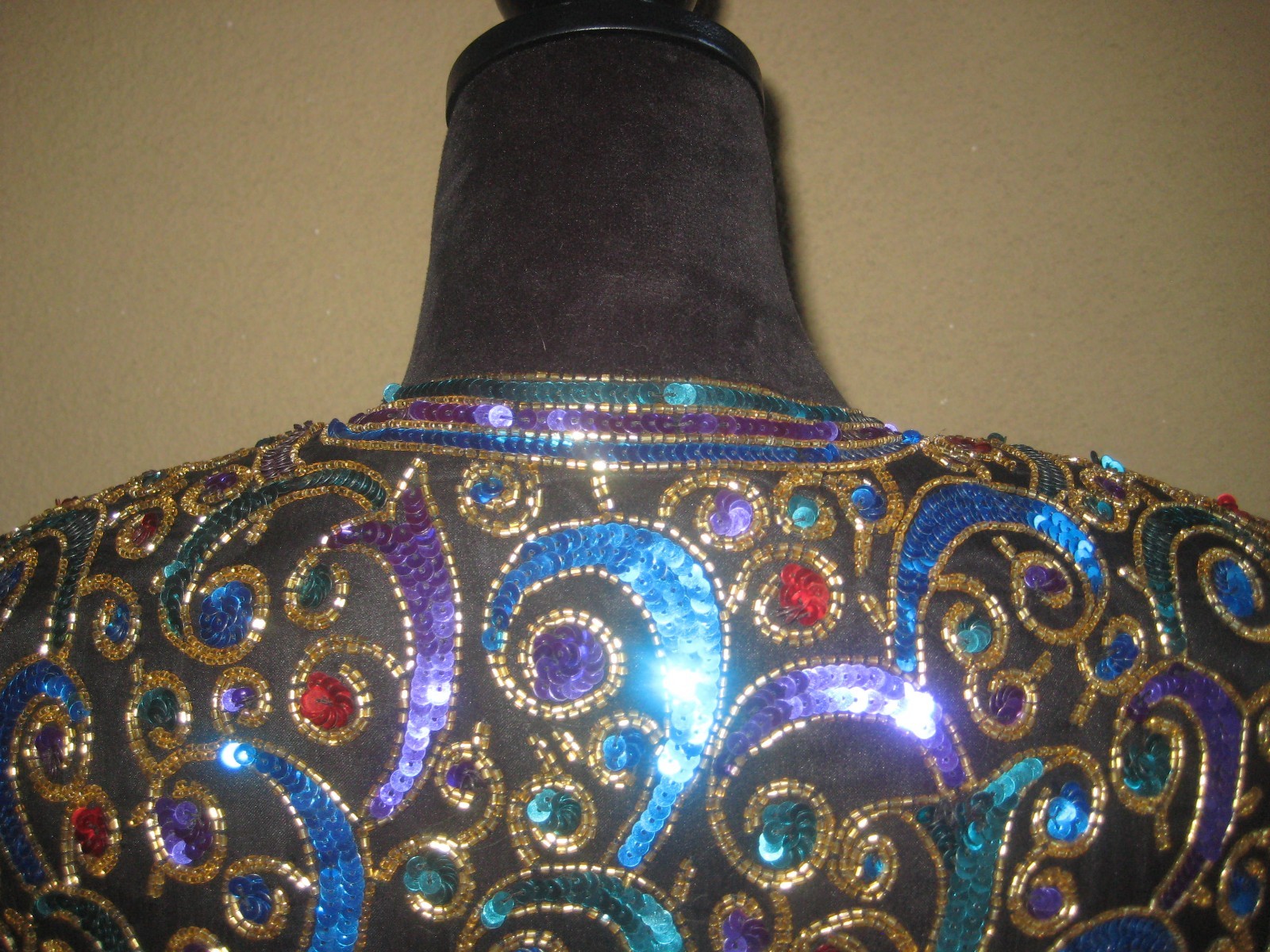 Vintage Scala black silk sequins beads multicolor cropped evening jacket S