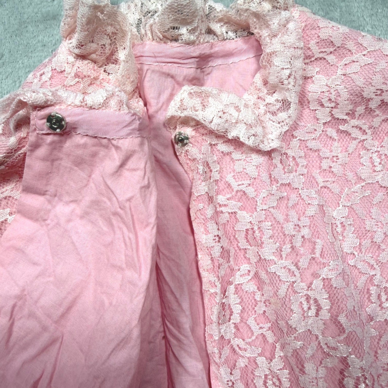Vintage 1960s Pink Lace Cropped Jacket Ruffle Neck Coquette Medium