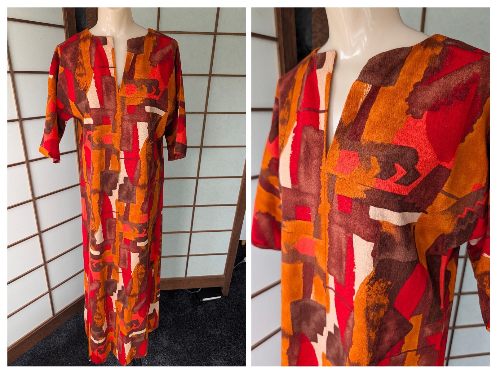 Vtg 70s Bark Cloth Caftan Dress MuuMuu Hand Made Abstract Geometric Hippie Boho