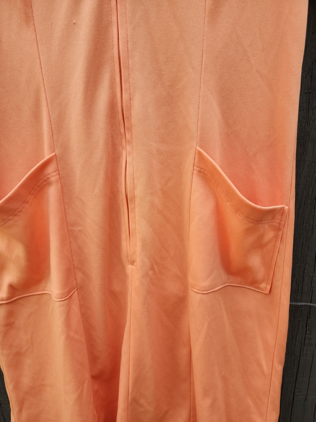 70s Handmade Solid Peach Color Double Knit Polyester Dress – Womens L-XL Vtg