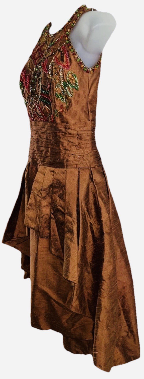 Stunning OOAK 1950s Raw Silk Hand Beaded Copper Bubble Evening Dress Tiered-Sz S