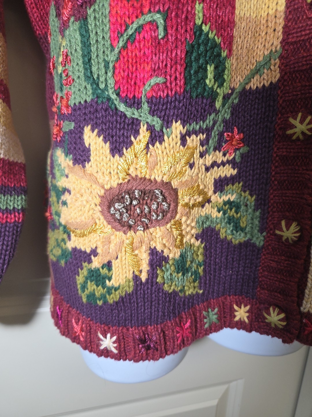 Vintage 2001 Tiara International Chunky Knit Cardigan Sweater Sunflower Fruit XL