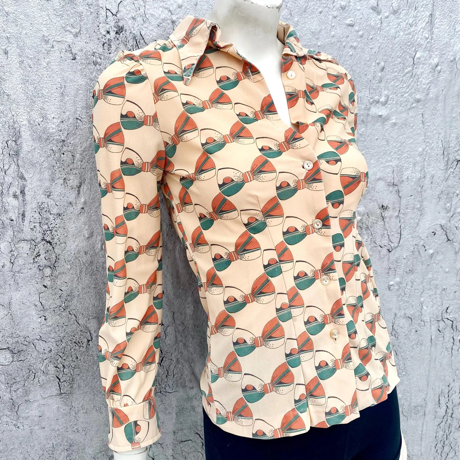 Vintage 1970s Novelty Print Glam Rock Disco Button Down Shirt Size XXS XS