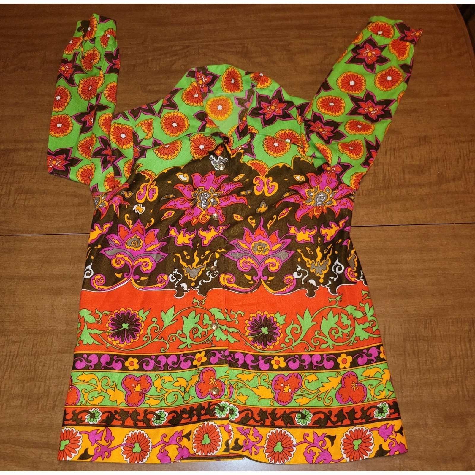 Vntg 60s Women&rsquo;s Floral Paisley Hippie Boho Psychedelic Mod Blouse L M Shirt C3