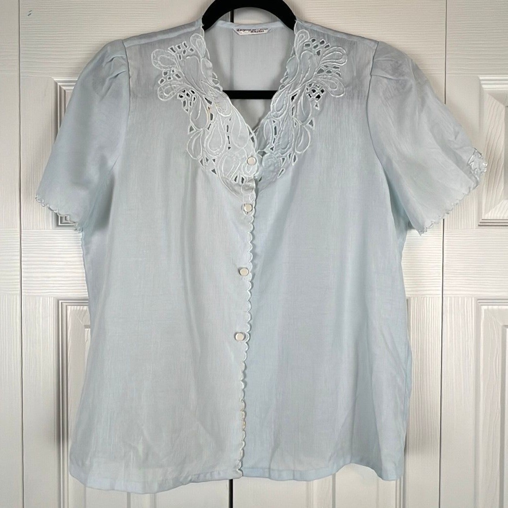 Vintage Sheer Lace Collar Blouse Cottagecore Coquette Boho Light Blue Nylon Med