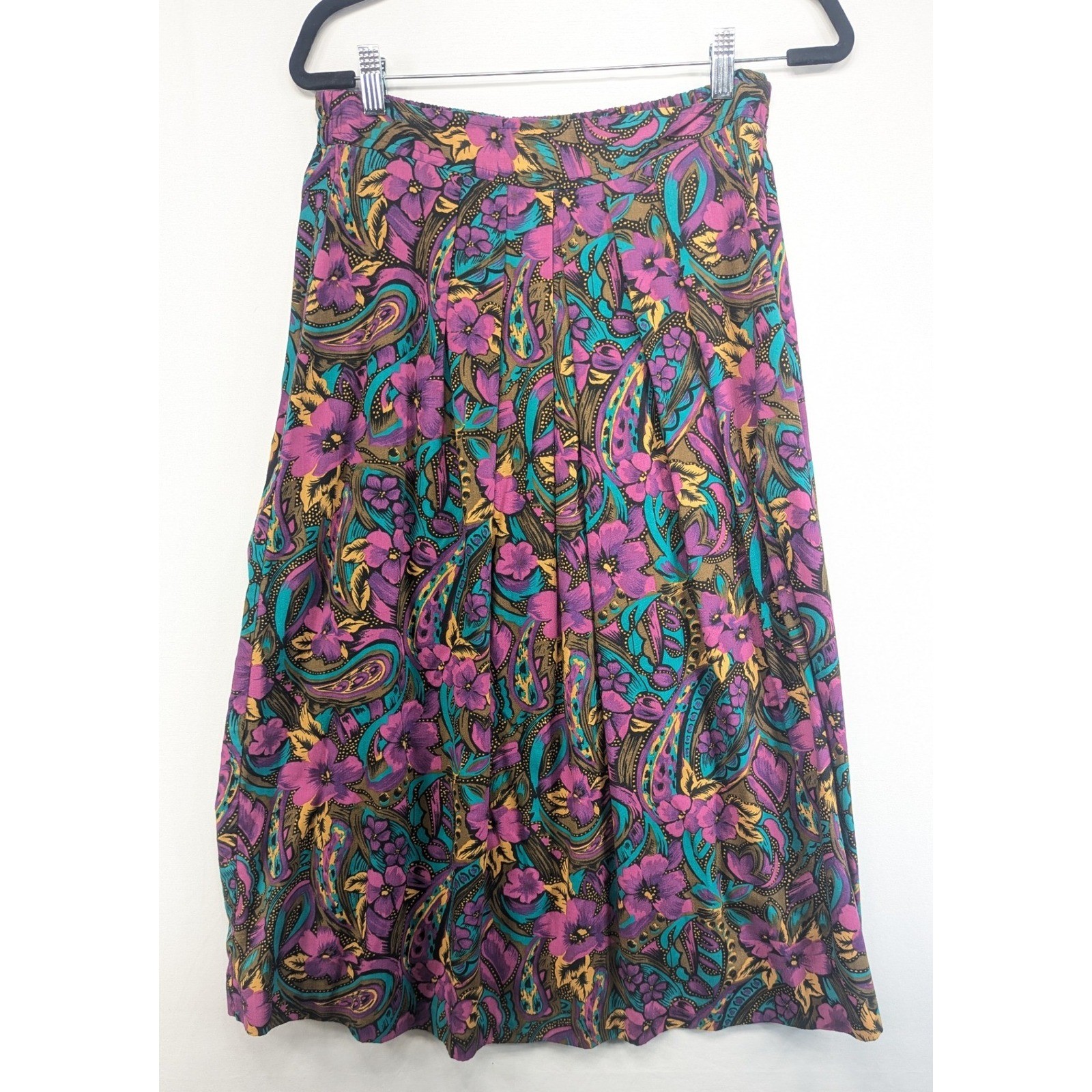 Vintage 80s Floral Paisley Midi Skirt Purple Teal High Waist Pleated Size 11-12