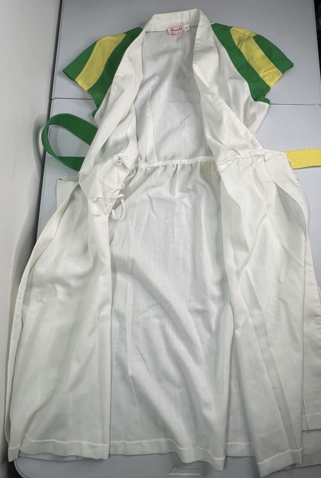 Vintage 60’s White Wrap Dress Green Yellow Striped Sleeves Belted Tag Sz 18