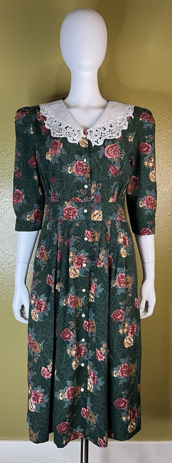 Vtg Miss Dorby Dress Lace Collar Pearl Core Cottagecore Pearl Buttons 80s 12P