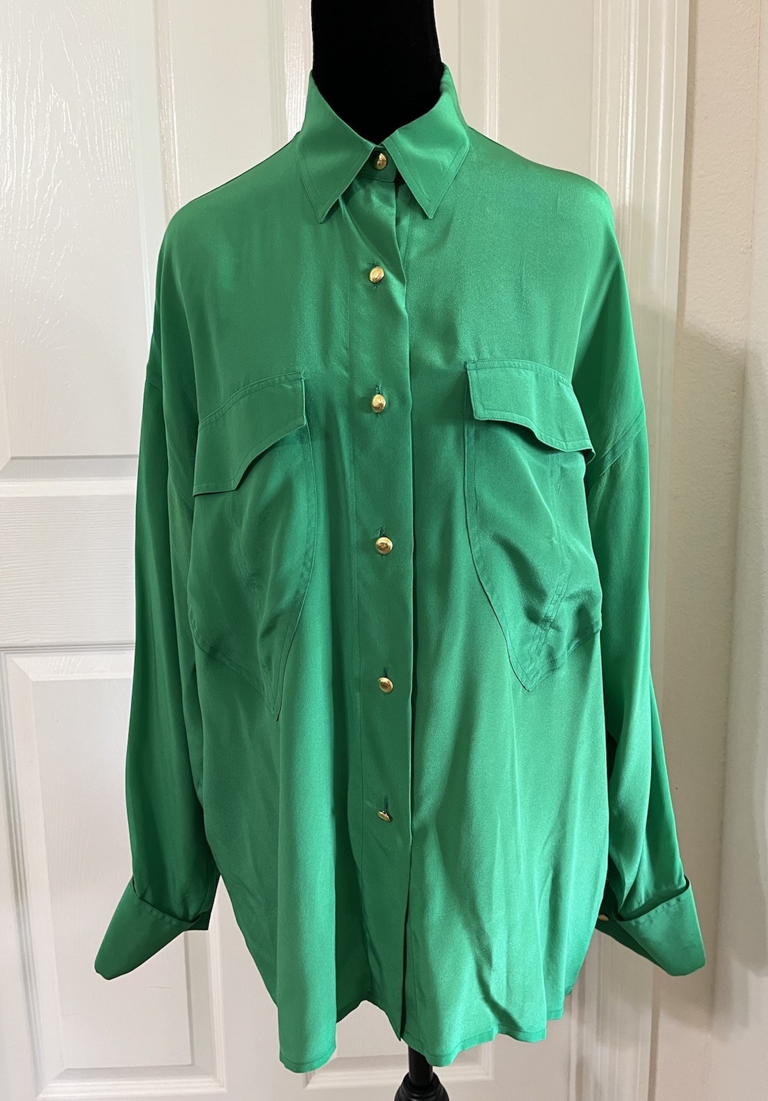 Vintage VERSACE Sport Green Silk Blouse, Long Sleeve with Buttons, Made In Italy