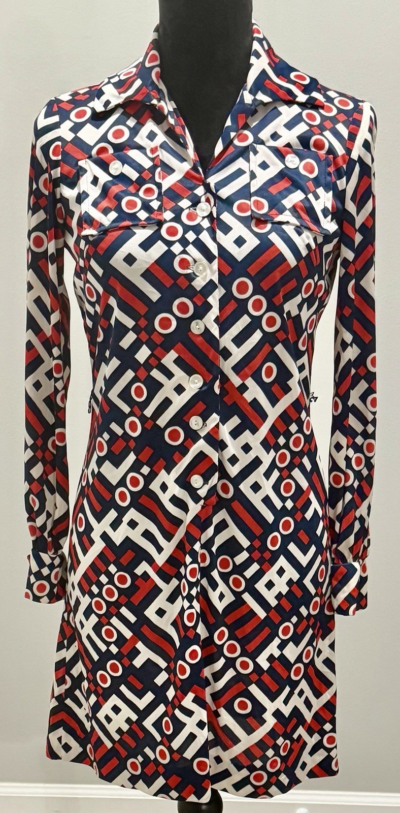 Vintage 1970s Women’s Red, White, & Blue Geometric Shirtdress