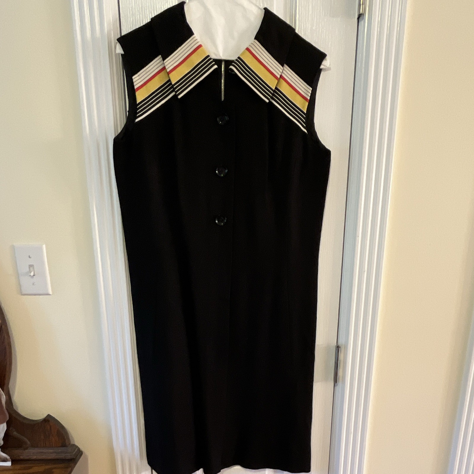 Vintage 70s Women&rsquo;s Black Linen Dress Sleeveless With Striped Collar Pockets
