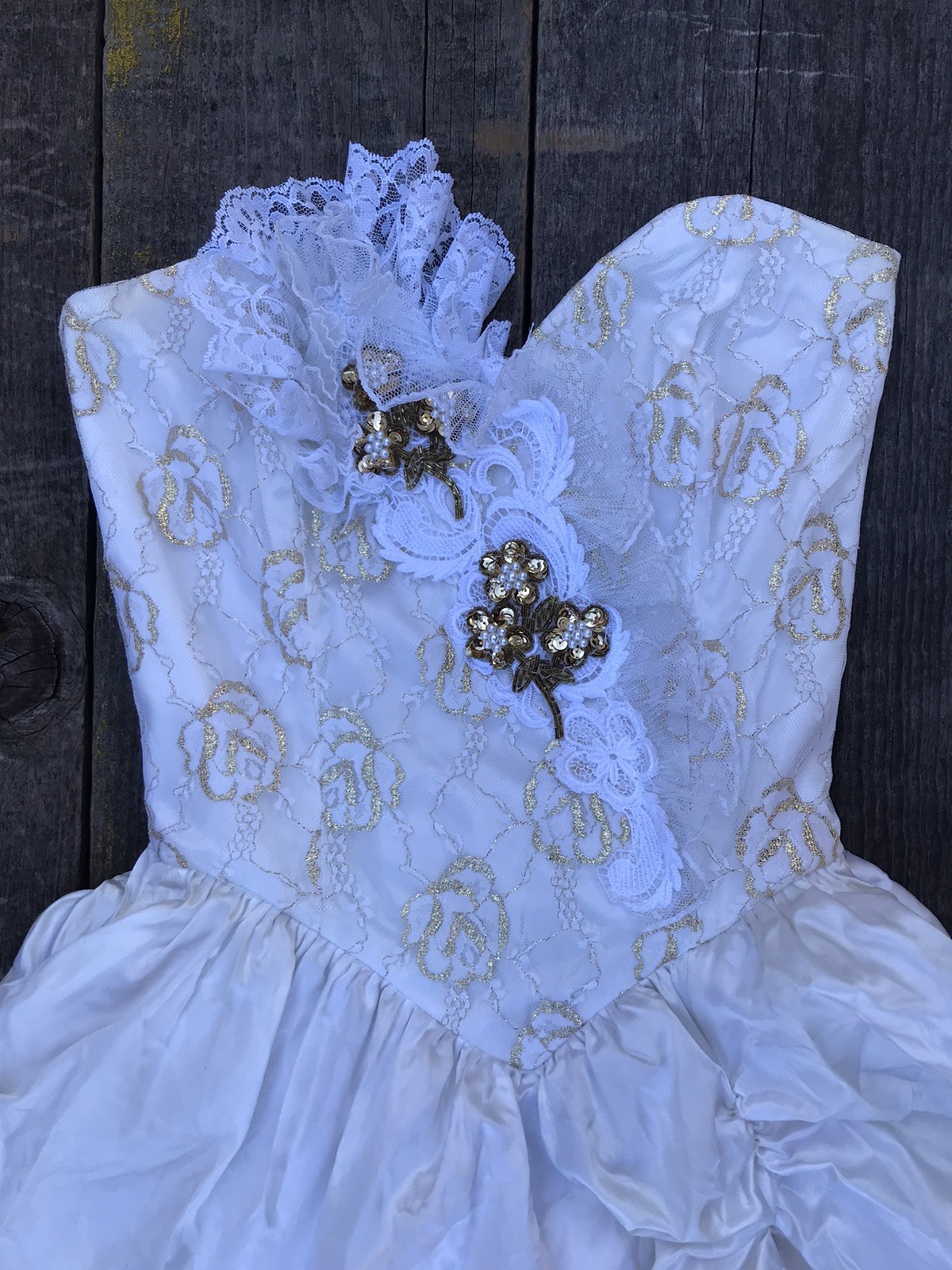 VTG 80s Loralie Strapless Ivory and Gold Satin and Lace Tiered Sequined Dress XS