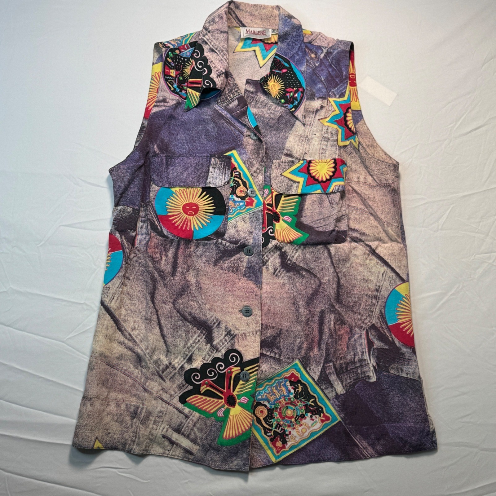 Marlene Vintage 90s Sleeveless Top Button Down Denim Print Eclectic Sun Star 42