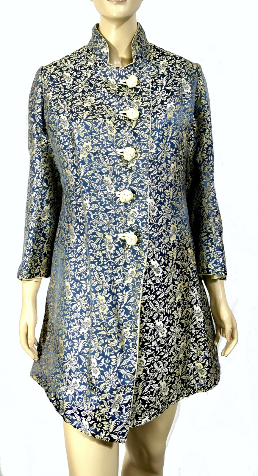 Vintage 50s 60s Made In Japan Oriental Satin Coat Cobalt Tan Gold M