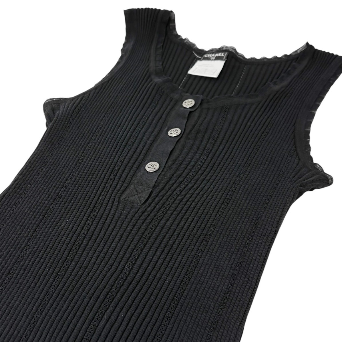 CHANEL Vintage 08P CC Logo Button Ribbed Knit Tank Top #42 Black Silver Cotton