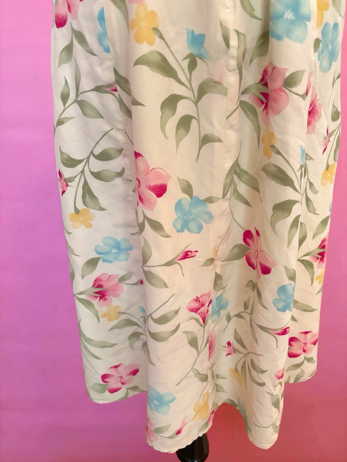 Vintage 80s 90s Patrick Petite 100% Silk Butter Yellow Pink Floral Maxi Dress 6P