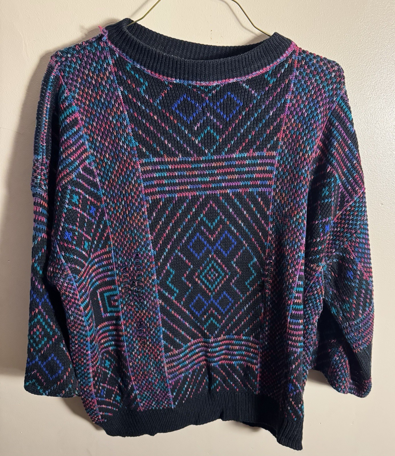 VTG 80s Colorful Knit Striped Geometric Super Boxy Sweater No Label Lg?