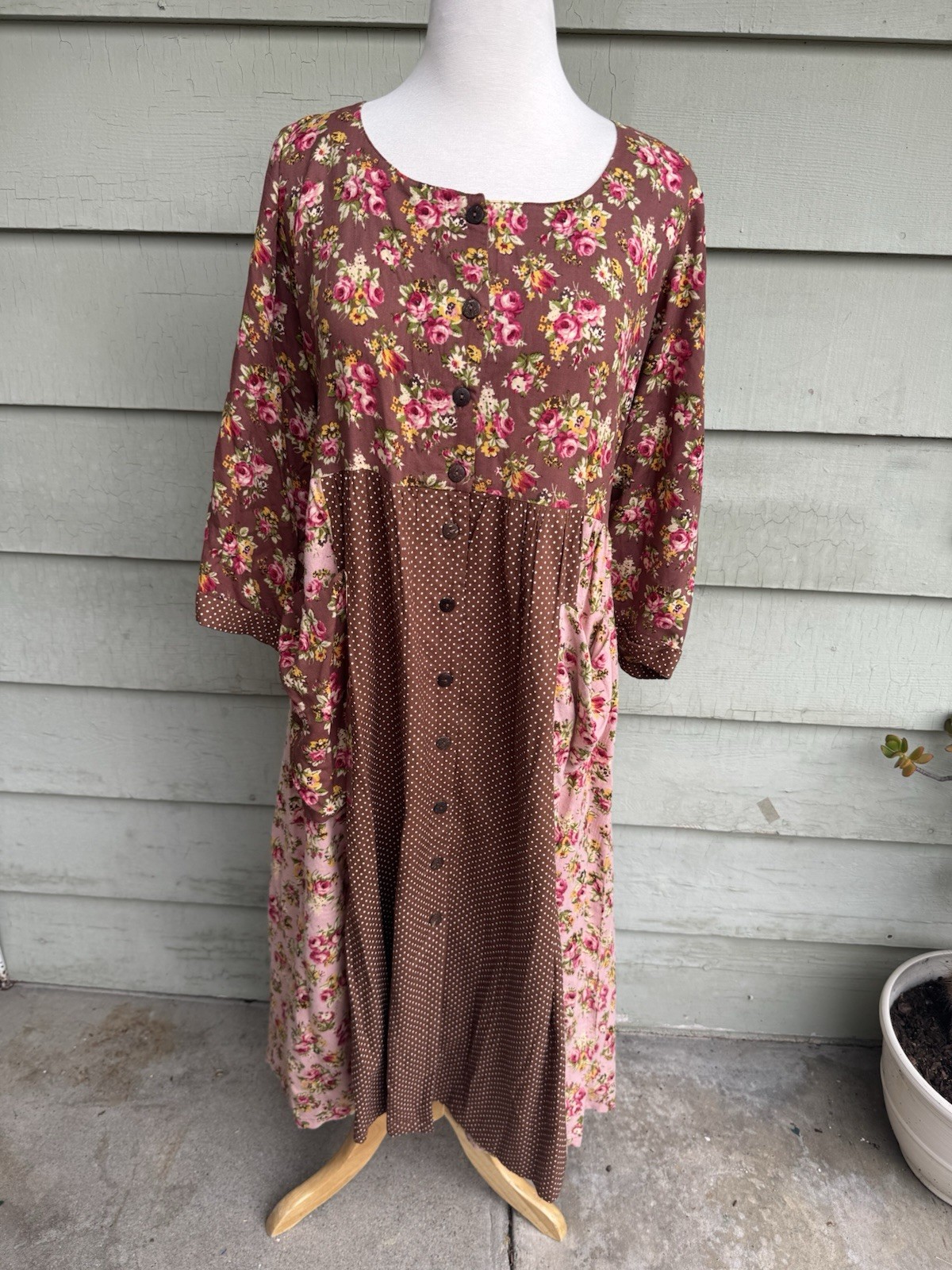 Vtg 90’s April Cornell Patchwork Cottagecore Grunge Dress Pink Brown Floral XXL