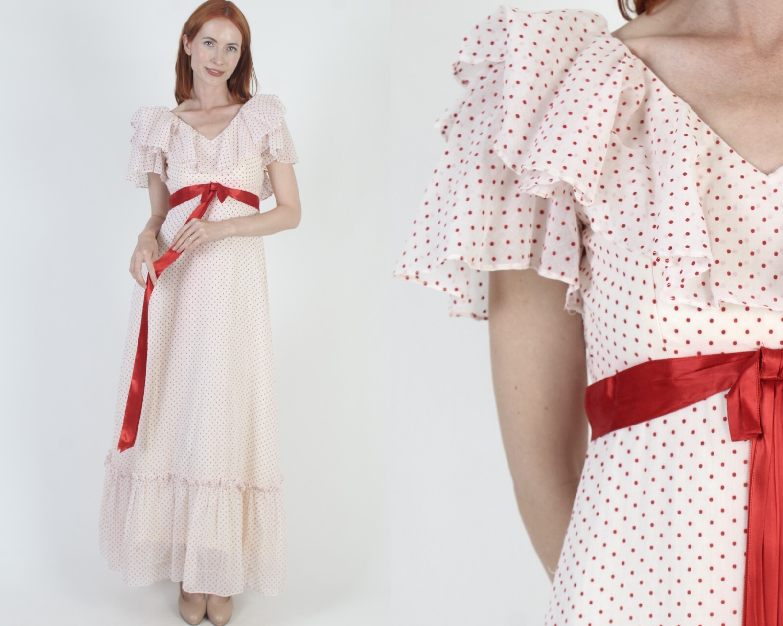 Vtg White Swiss Dot Cocktail Party Dress Southern Belle Prom High Waist Belt Max