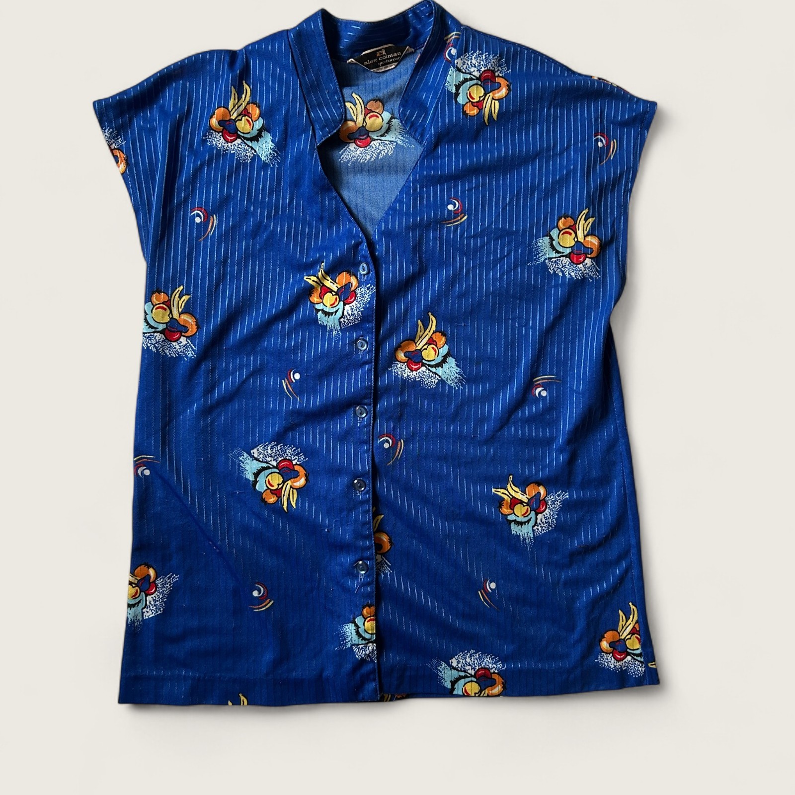 Alex Colman Sportswear Vintage Button-Up Blouse Blue Fruit Print Size Large L