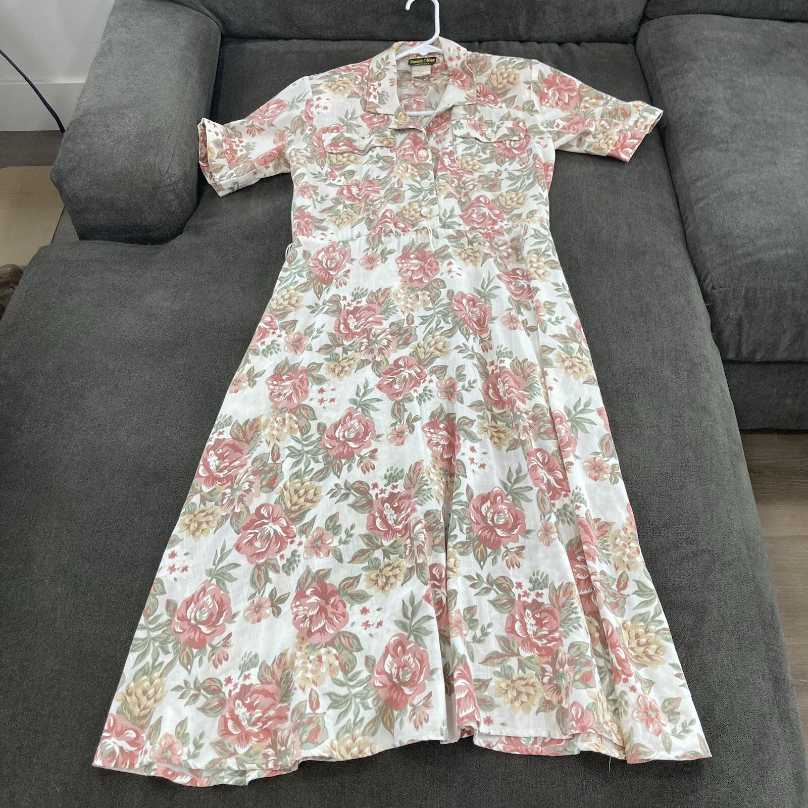 STUART ALAN Vintage 80s Cottagecore White & Pink Floral Dress, Shoulder Pads