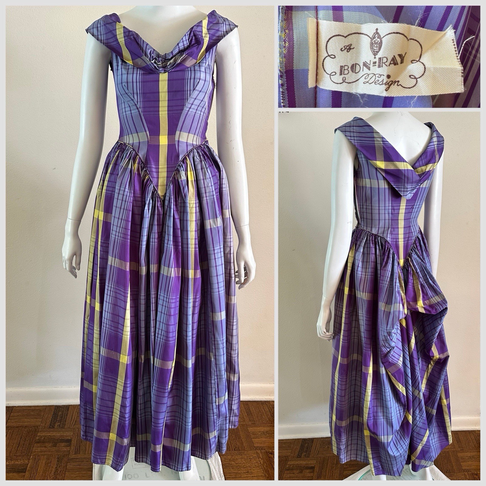 1940s A Bon-Ray Design Plaid Taffeta Party Dress Bustle Back Cocktail Gown VTG