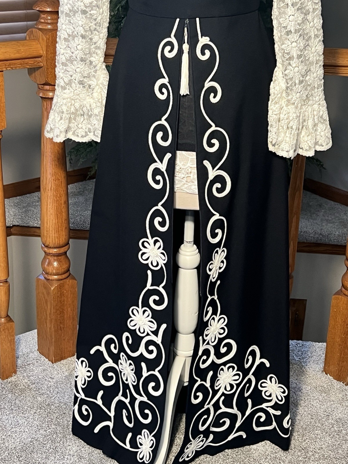 Vintage Custom Made Black Ivory Lace Maxi Dress Front Zip Mod Boho Prairie